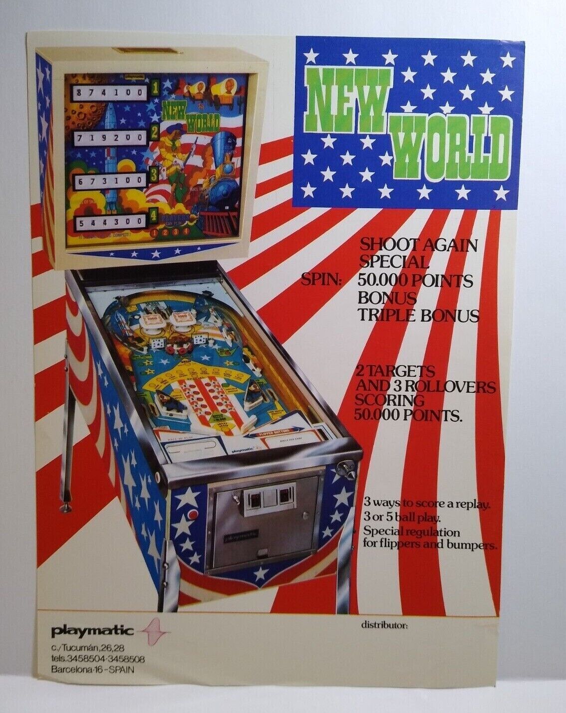 New World Pinball Flyer Original Playmatic 1976 Game Artwork Spain 8.25