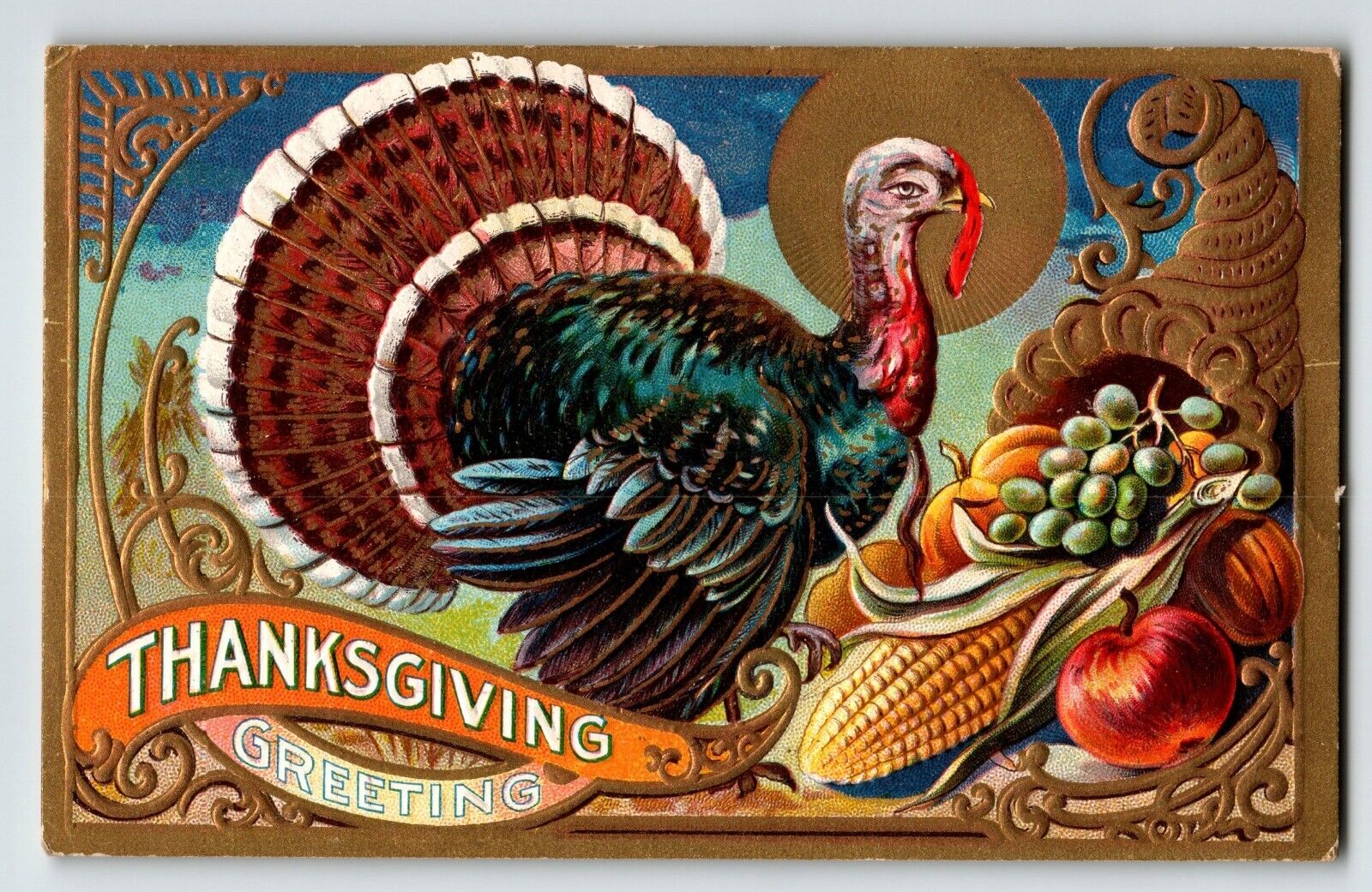 Thanksgiving Day Greetings Postcard Turkey Grapes Corn Apples Harvest ...