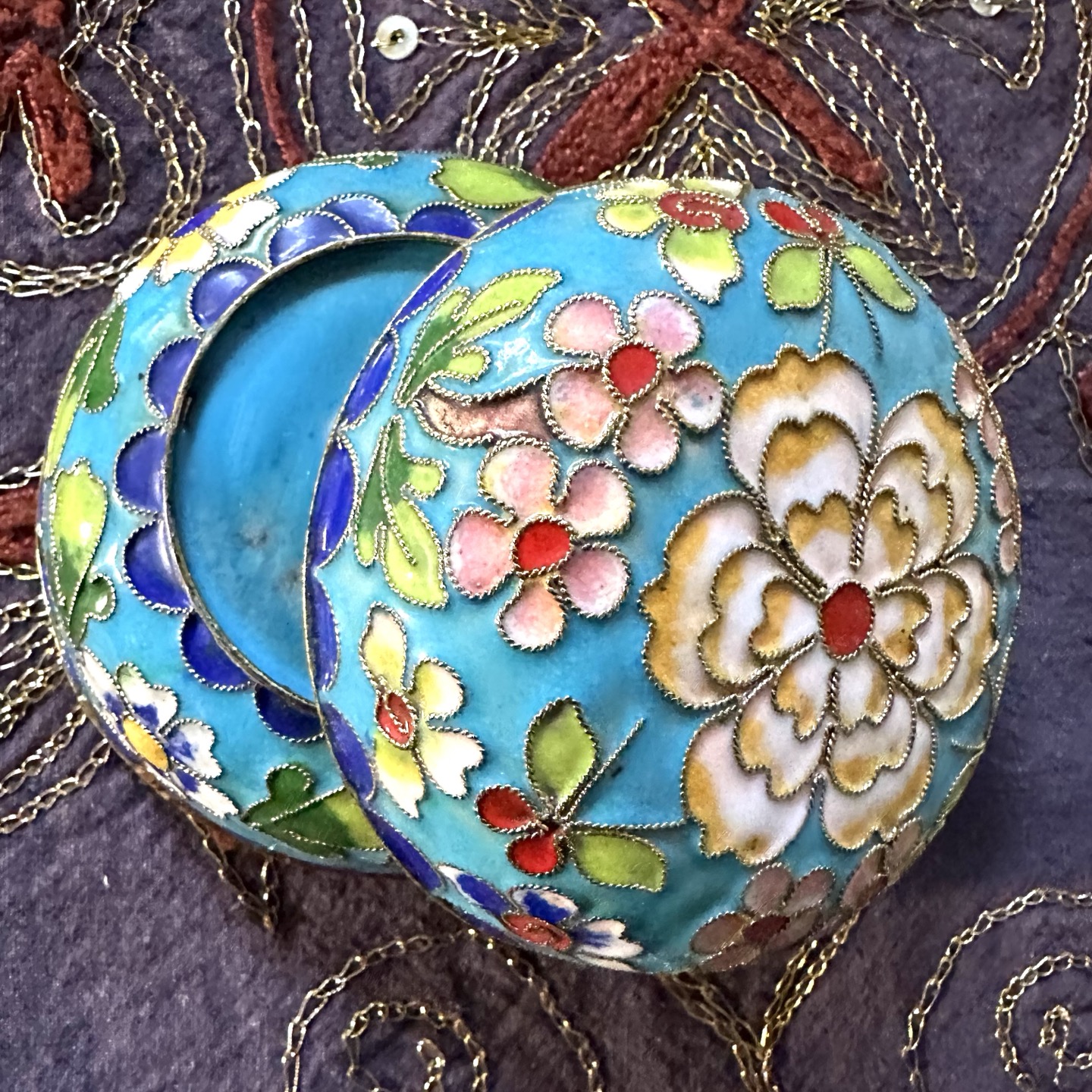 Vintage Asian Cloisonné Trinket Box Round Vivid w Turquoise Inside ...
