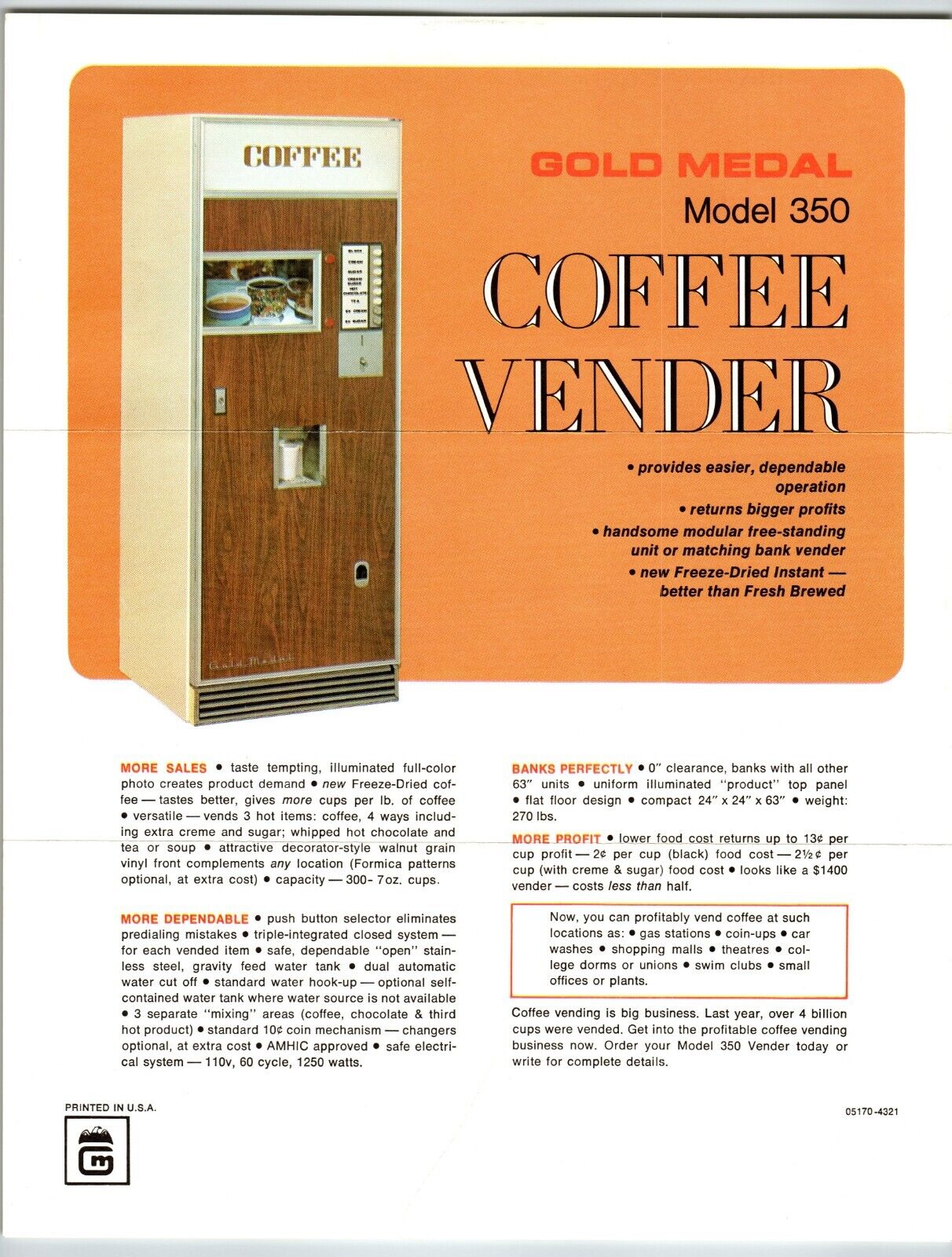 Gold Medal Model 350 Coffee Vending Machine Flyer Hot Beverage Vendor 8