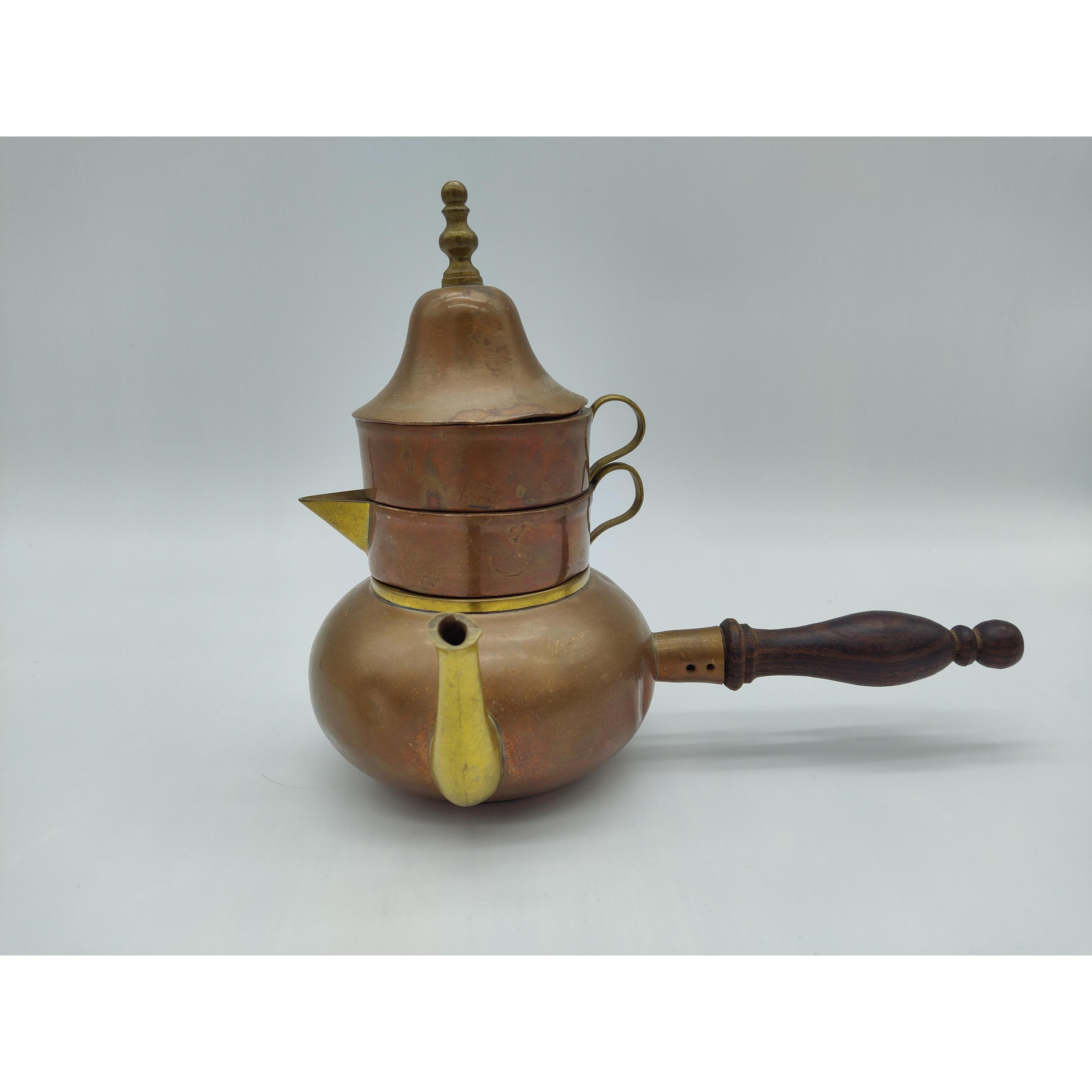 Antique WWII Era Copper Turkish Coffee Maker with Wooden Handle Creamer ...