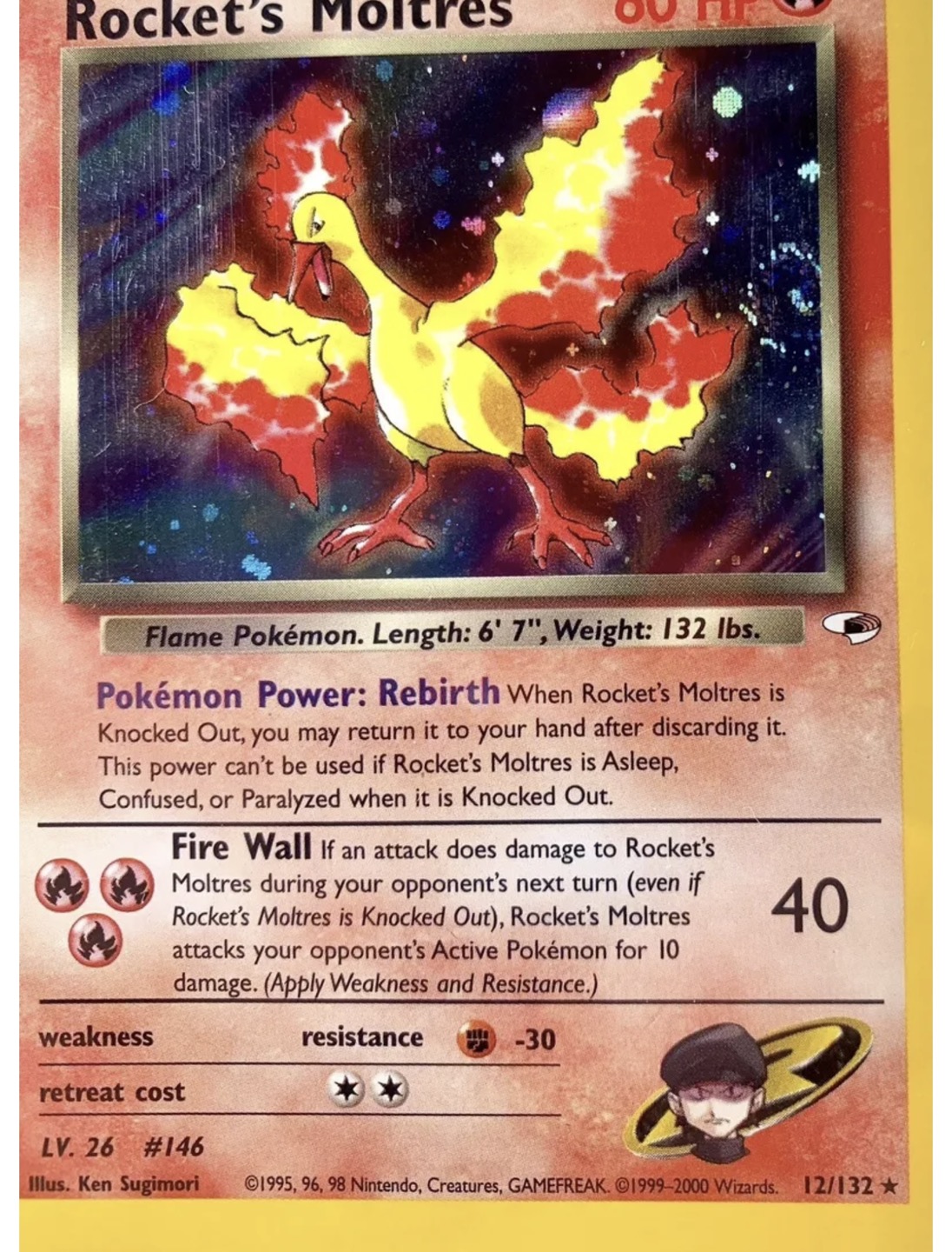 Pokémon TCG ~ Rocket’s Moltres Holo ~ 12/132 Holo Rare Gym Heroes PSA 6