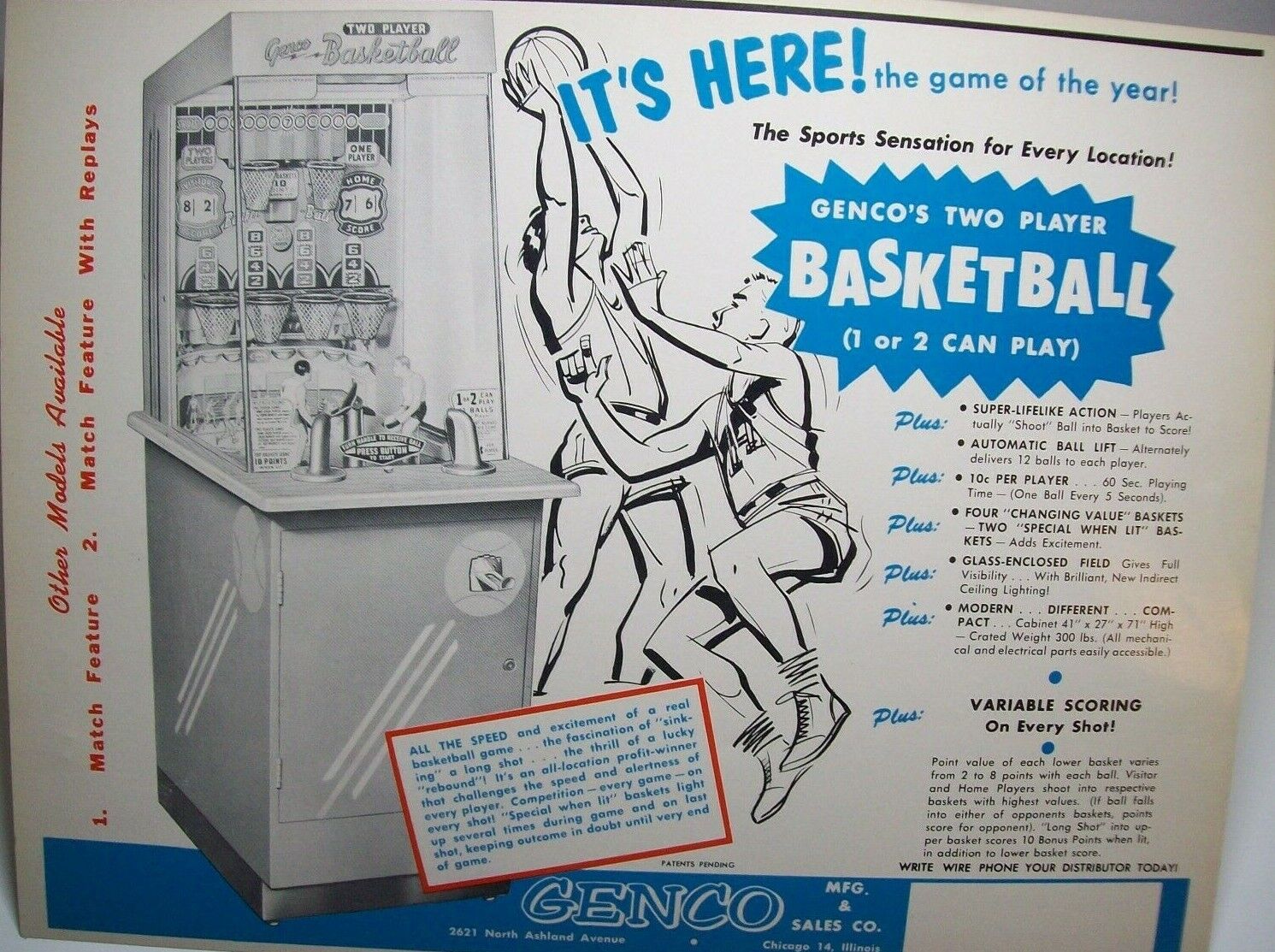 Genco 2 Player Basketball Arcade FLYER Original 1954 Manikin Game