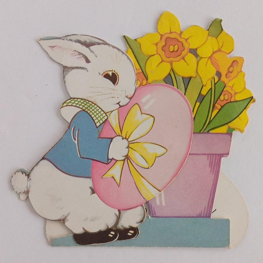 Vintage Stand-up Easter Bunny Pink Egg & Daffodils Card