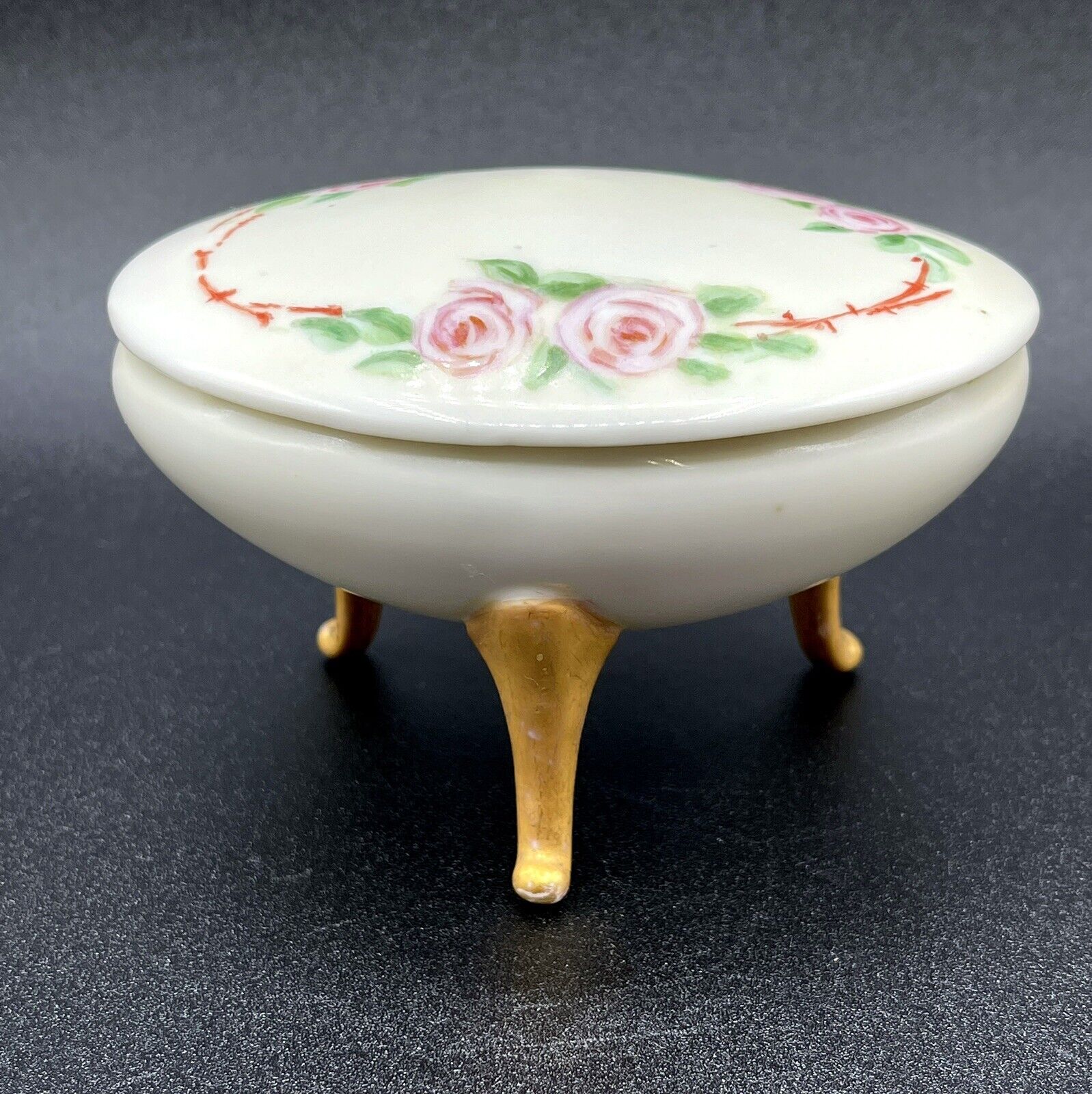 SIGNED 1922 ANTIQUE NIPPON TRINKET DISH 3 FOOTED HAND PAINTED GOLD BRUSH