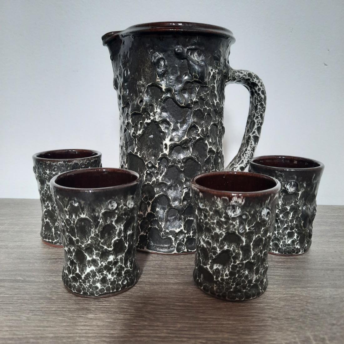 Vintage Stoneware Pottery Ceramic Pitcher & Cups Set Rustic Lava Style
